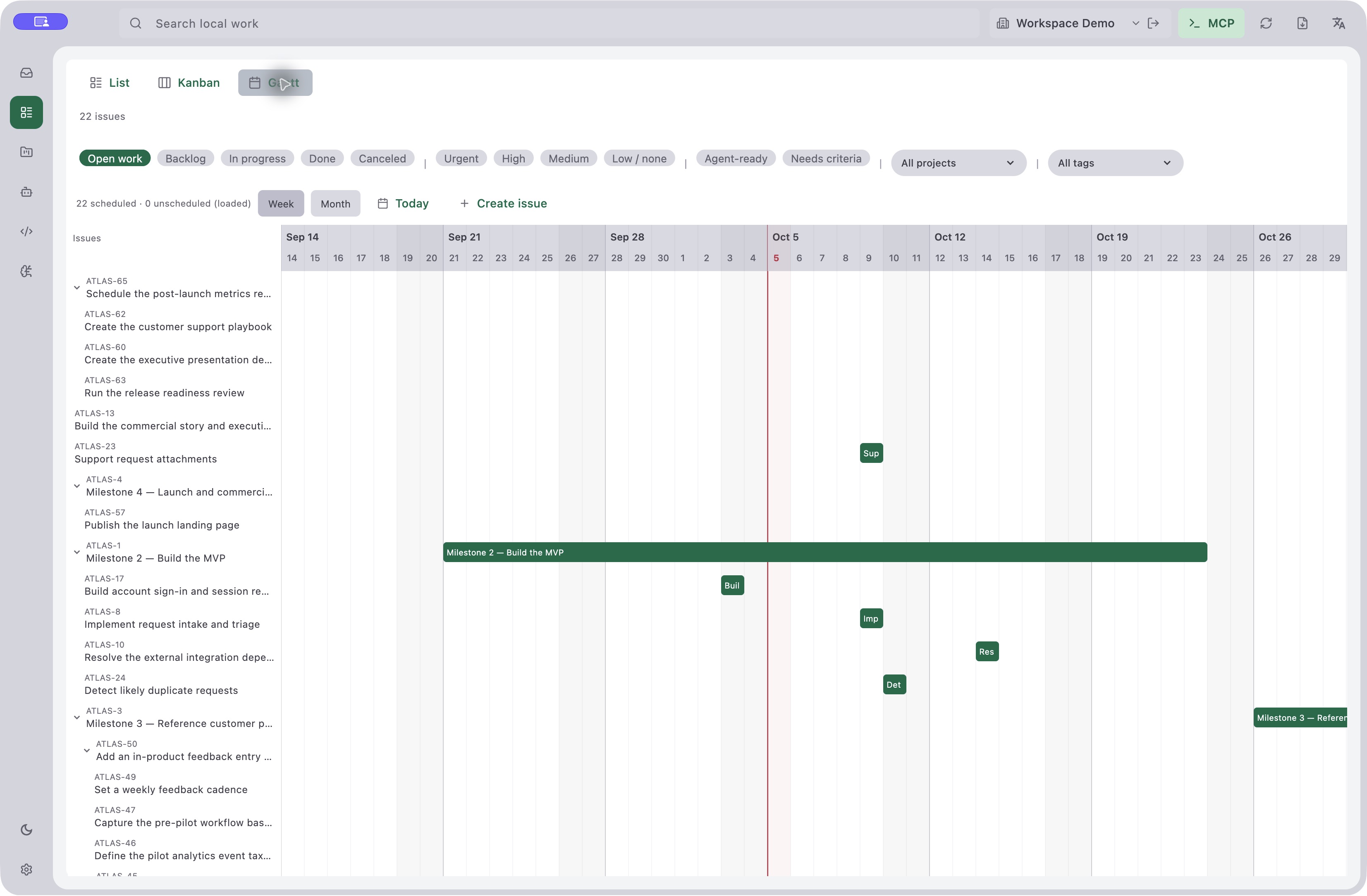 Cronograma Gantt real do Atlas no Kordo, com datas e tarefas hierárquicas