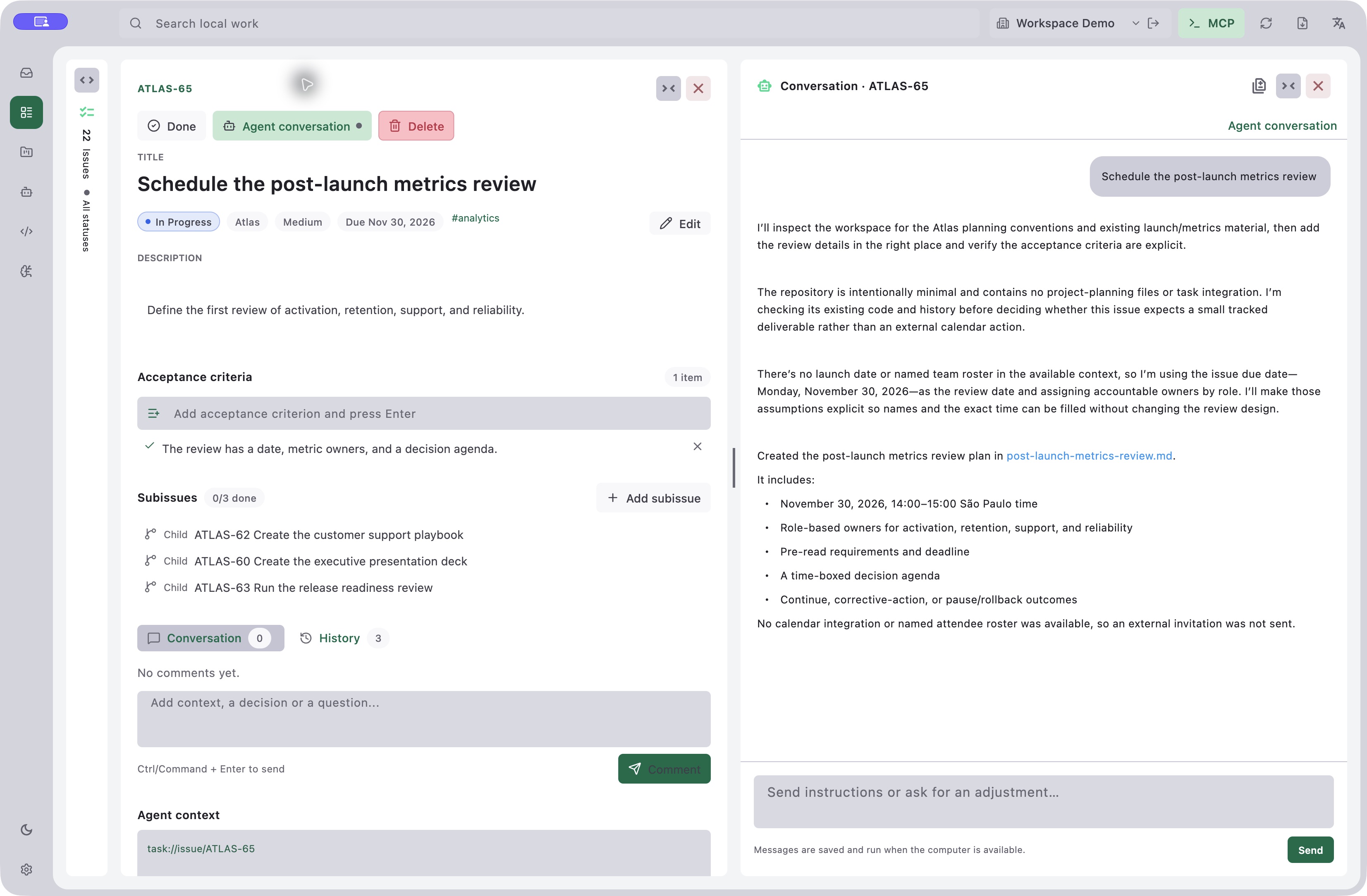 Kordo para macOS: issue ATLAS-65 com critérios de aceite, conversa real de agente e campo para enviar instruções, lado a lado no Workspace Demo
