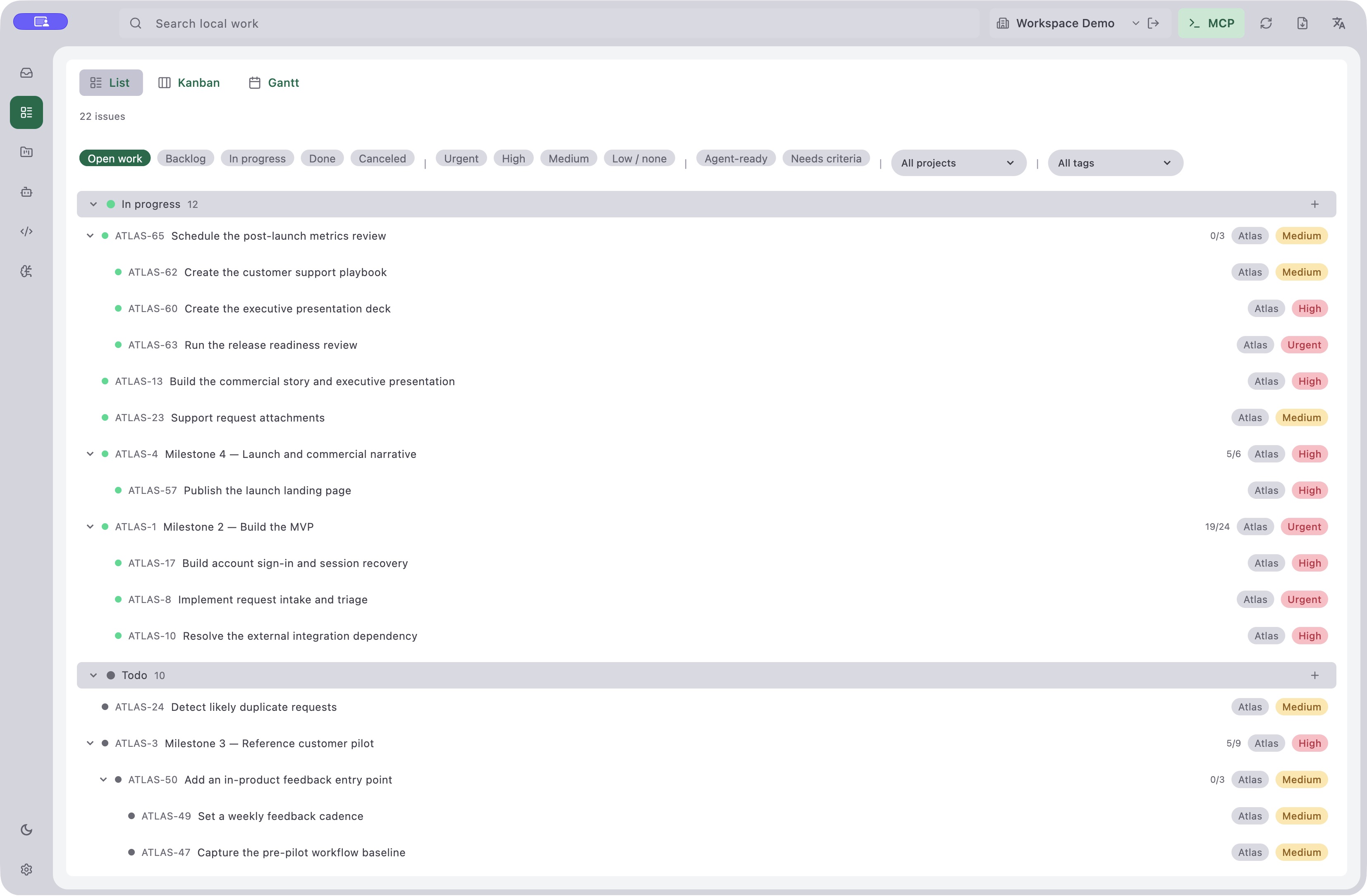 Lista real do Kordo com tarefas hierárquicas do Atlas, filtros de status e prioridades
